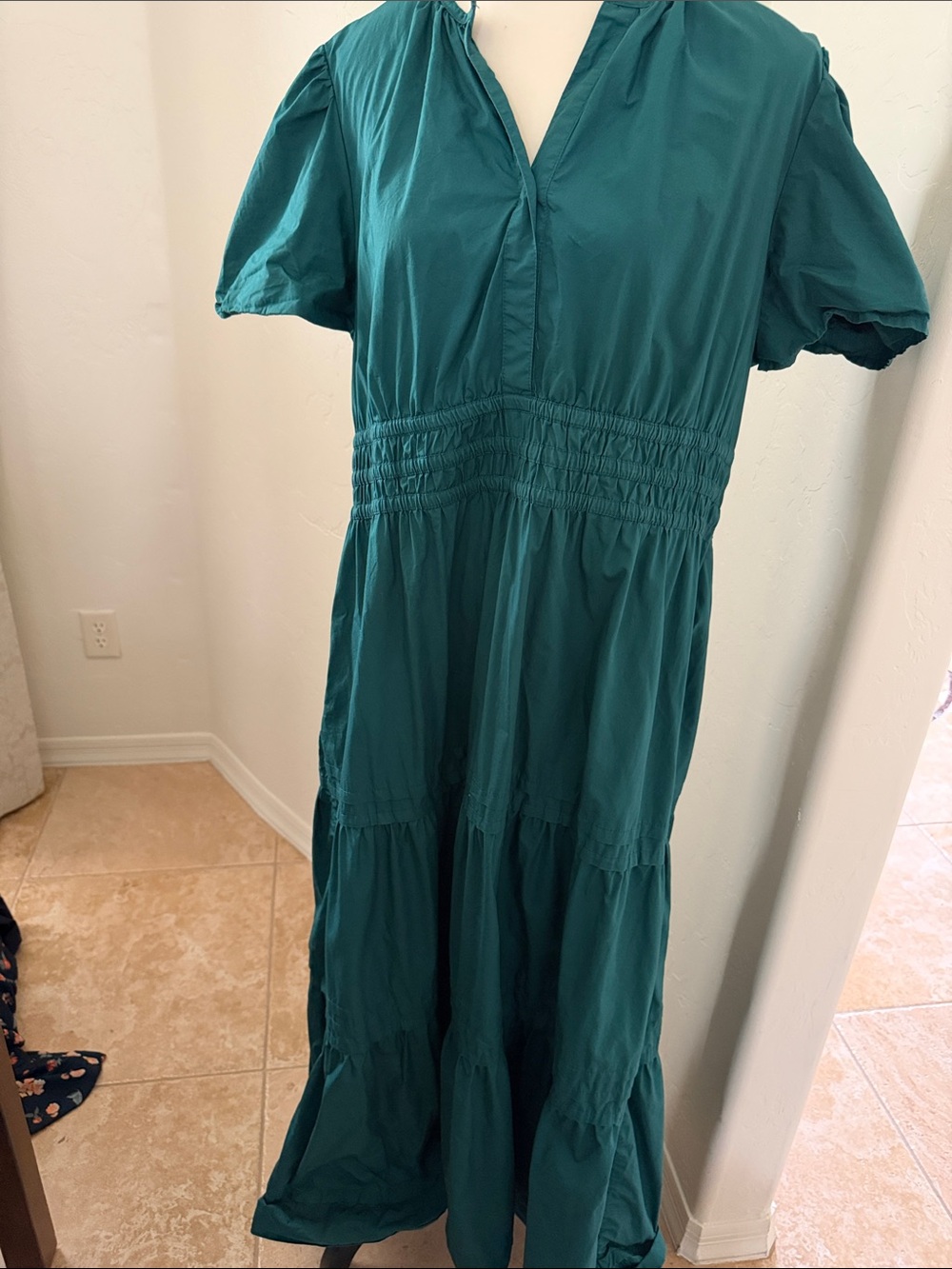Quince Teal Puff-Sleeve Tiered Maxi Dress. Organic cotton.